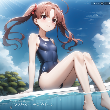 <lora:Kuroko:1>,
anime screencap,outdoors, beach,nature,
1girl,solo,brown hair, twintails,full body,sitting,legs together,one-piece swimsuit,partially submerged,water,bare arms,closed mouth,smile, skinny, parted bangs,(v:1.2),brown eyes,