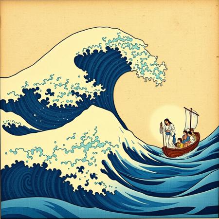 Art of the famous piece by Katsushika Hokusai “Under the Wave off Kanagawa”, the wave is on the and on the right Jesus is walking on water while his disciples watch from a boat.