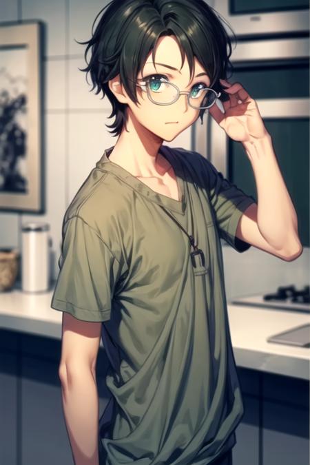 masterpiece, best quality, sketch, 1boy, solo, male focus, looking at viewer, , , <lora:kengo_suguri:0.72>, kengo_suguri, black hair, green eyes, glasses, , ,