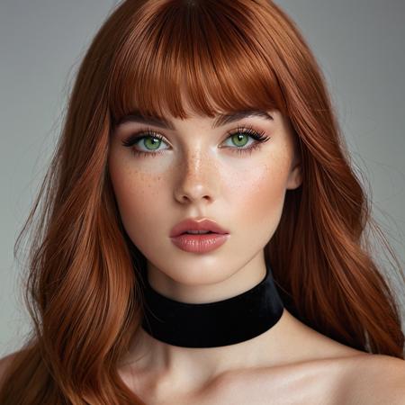 (masterpiece), (ultra-detailed portrait), (cinematic lighting), close-up headshot of a gorgeous young woman with pale tan skin, subtle warm undertone, and freckles dusted across her cheeks and nose. Her long auburn-red hair frames her face in soft waves with thick straight bangs falling just above her large almond-shaped light green eyes. She’s staring directly at the viewer with a slow-burning, seductive gaze — lids slightly lowered, lashes heavy with mascara, black winged eyeliner sharp. Her mouth is parted slightly, revealing glossy pink lips and the edge of her tongue against her teeth. Her expression is calm, teasing, and intensely magnetic. Her defined cupid’s bow and slightly flushed cheeks add to the sultry atmosphere. She wears a black velvet choker and no top — only her collarbones and bare shoulders are visible. Background fades into a soft blur of purples and shadows with rim light outlining her hair. Flawless skin texture, editorial sensuality, intimate, glamorous, focused on face symmetry and sexual charisma.