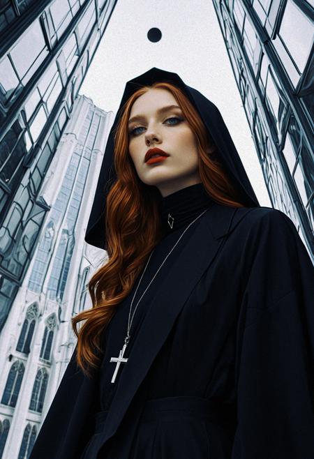 (simple cartoon sketch:1.55)
young woman, 23yo, full body shot, detailed face, highly detailed,
N3onSp3ctra, 
1girl, masterpiece, best quality, redhead, wavy long hair, blue eyes, pale skin, cute face,
The image depicts a pretty young slim ginger woman dressed in a black nun's habit, with a striking and edgy twist. She has striking blue eyes and small breasts. She is wearing a black veil that covers her head and shoulders, and a black top with a low neckline. Her attire is complemented by a black choker, adding to the overall dark aesthetic. further emphasizing her bold style. She is also wearing lipstick, which adds to her edgy look. The setting appears to be a church or cathedral, with tall windows and a sense of grandeur. The atmosphere is moody and dramatic, with the woman's bold fashion choices and the dark, muted colors creating a sense of intensity. Overall, the image presents a unique and captivating blend of traditional and modern elements, with the woman's style and the setting combining to create a striking visual effect., looking at viewer,shy submissive,, Looking up from the base of a futuristic city atrium: buildings soar upward in impossible angles, converging into a hexagonal opening where a moon glows faintly. The architecture twists with spiral patterns inspired by the golden ratio, drawing the viewerâs eye up. .., (realistic), expressiveh, . .,, hyperrealistic, 4K ,., . (Depth of field), , (detailed) dramatic angle, unique perspective, unique angle,. The image employs shallow depth of field and central composition, characteristic of contemporary fashion photography.4k,, otherworldly atmosphere
3l3ganc3, semi-realism, Shallow depth of field, long exposure motion effect, blurry, artistic, graphic design, illustration, digital illustration, digital painting <lora:Elegence_Niji:0.65> <lora:mot_wwm:0.65>