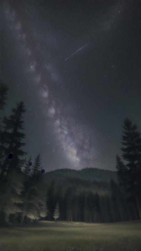 high quality, high resolution, extreme detail, masterpiece, grassy field, forest in the background, volumetric shading, photography, night sky, stars, milkyway,  <lora:Milky-Way_LoRA:0.8>, dark scene