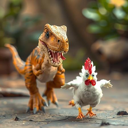 A baby dinosaur raptor running after a white rooster. They are both in the style of toy story. The raptor has his tongue out to the side and the white rooster has his eyes bulging and running away in fear towards the camera