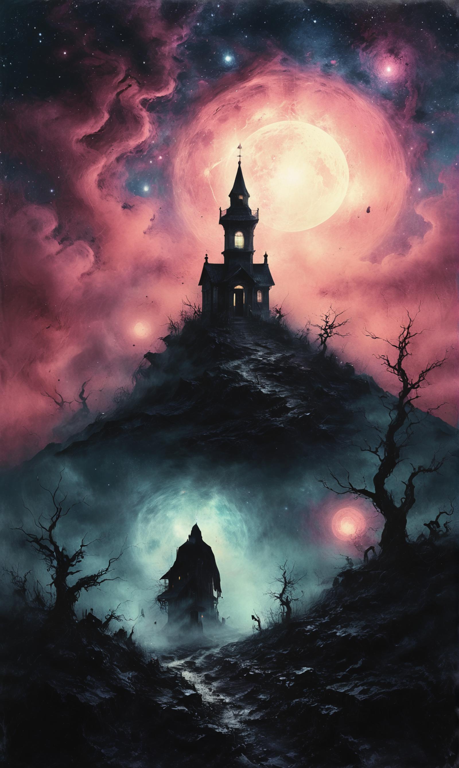 A Moonlit Night with a Haunted Castle and a Person Standing in the Foreground