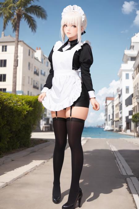 tutututu, apron, long sleeves, maid, maid apron, puffy sleeves, maid headdress, black shorts, black thighhighs, thigh strap, garter straps