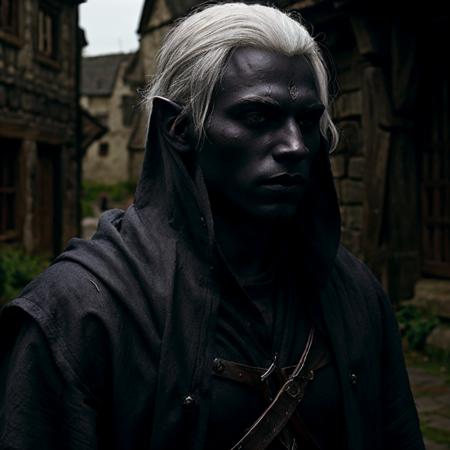  <lora:RPGDrow:0.7> drow:1.2, 1boy, solo, white hair, scar, hood, realistic, dusk, medieval village