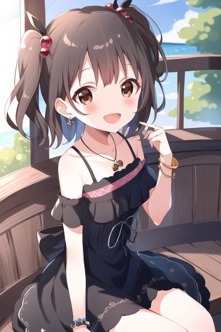 masterpiece, best quality, masterpiece,<lora:Buchi-4:1>, Buchi, 1girl, brown eyes, solo, smile, short hair, open mouth, dress, black hair, one side up, bracelet, :d, sitting, jewelry, bow, looking at viewer, hair ornament, brown hair, watch, blush