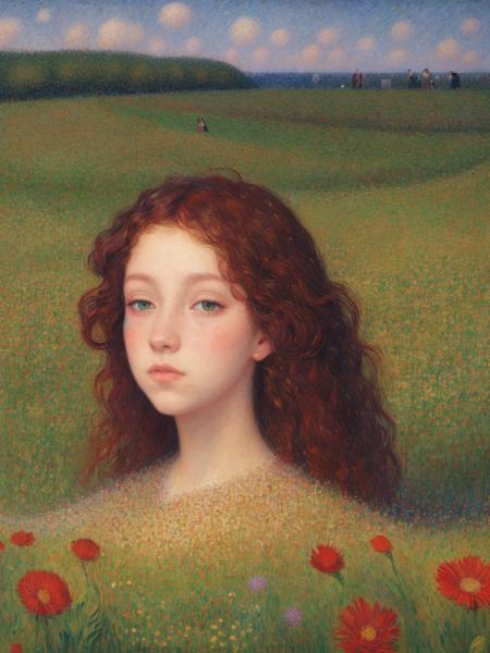 a beautiful woman in a field of flowers, haunting eyes, crazy curls, surreal dark art, trending on artstation,
Seurat Stlye