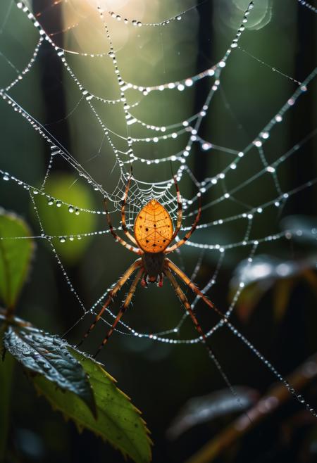 film photography aesthetic,a spider has created a elaborate and magnificent spider web,macro shot of spider,in a amazon forest brimming with wildlife,morning dew,photorealistic,intricate details,colorful details,film grain,high quality photography,cinematic composition,moody,dynamic lighting,ray tracing,atmospheric haze,natural,shallow dof,color graded cinematic,atmospheric lighting,eye catchlights,4k textures,8k resolution,