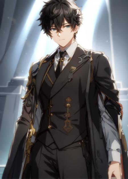 best quality, masterpiece, highres, male focus, 1boy, solo, bara, black hair, danheng, green eyes, looking at viewer, detailed face, highly detailed, bishounen, beautiful, beautiful lighting, blush, bulge, god rays, light rays,  party,  depth of field, formal, tuxedo, black shoes, maple leaf, light particles, tie, standing, flush, (Eachcolorblockisclearlydistinguished:1.1),   <lora:danheng:0.6>