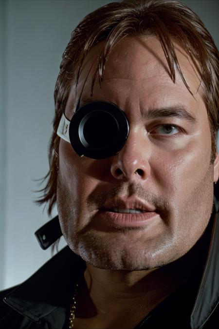 RAW photo, robert_zdar as a 1980s sci-fi movie villain, eye-patch, eyepatch, 8k uhd, dslr, soft lighting, high quality, film grain, Fujifilm XT3, <lora:robert_zdar_1500:0.75>