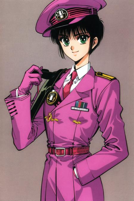 Hokuto Sumeragi, solo, 1girl, hat, uniform, black hair, gloves, green eyes, short hair, necktie, retro artstyle, military, military uniform, pink background, smile, pink theme, 1990s (style), pink gloves, <lora:Tokyo Babylon:0.8>