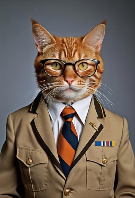 General Orange Feline in glasses, in strict US Military Dress Uniform, blazer and huge striped tie, buttoned up, Close-up portrait, color portrait, Linkedin profile picture, professional portrait photography by Martin Schoeller, by Mark Mann, by Steve McCurry, bokeh, studio lighting, canon lens, shot on dslr, 64 megapixels, sharp focus, Greens and Gold Tones