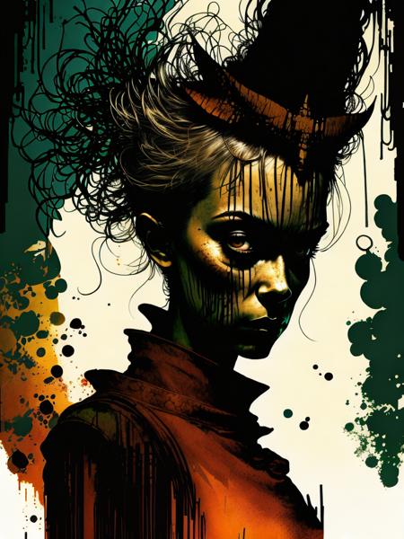 <lora:DaveMcKean:1>Wide angle full portrait, [Goro and Deng have a little fling in the Leng ring], Surreal Interpretive colorful Mixed media by Dave McKean & Seb McKinnon, aluminum foil scales, linen texture, dripping ink, gorgeously stunning, insanely intricate, sharp, dark fantasy, artgerm