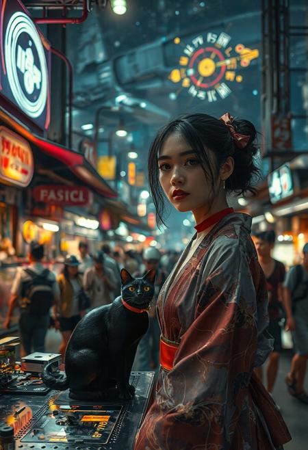Setting is a futuristic cyberpunk street market at night, the market is comprised of street vendors selling robot parts, food, weapons, and robots. People wearing futuristic cyberpunk clothing are walking through the street market shopping and eating, A sleek black cat with red collar sits on a cluttered metal riveted desk with transparent top and micro-LED lighted computer components visible inside, On the desk is an ebony and gold maneki neko statue and futuristic art deco lighting, (((a beautiful woman, 24 years old, is standing in the foreground FACING THE VIEWER, she has an expression of interested curiosity)))))), the sleek black cat with red collar is sitting on the desk and watching the people walking by in the busy street market, the woman is dressed in futuristic cyberpunk Japanese style yukata with a plunging neck line alluring but Japanese classic aesthetic. An enormous art deco inspired starship with futuristic lighting and an enormous space station are visible in the background among the stars, The woman's hair is elegantly tied up with a ribbon. Artistic cyberpunk, dynamic perspective, (((overall architectural aesthetic is Art Deco Cyberpunk))).  Epic image that elicits a feeling of wonder and awe, CLASSICALLY STYLIZED LIGHTING AND ARCHITECTURE FROM CHINA INDIA JAPAN FRANCE EGYPT ROME AND GREECE,