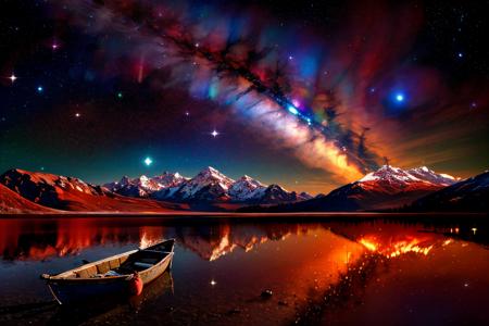 (Realistic:1.5) SyFyEye1, milky way, night sky, galaxy, mountainous horizon, boots, red theme, aurora, landscape, silhouette, boat,  <lora:SyFyEye1_v2.0:0.8>