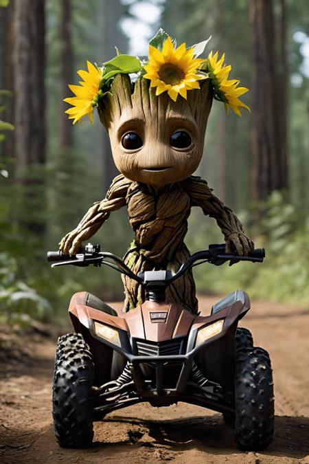 A full body photo of the Groot on Endor, it's carrying an sunflower and riding an ATV, 
It looks cute and adorable yet fierce at the same time, The Groot equivalent of Rambo, funny, 
highest quality, exceptional accuracy and realism,