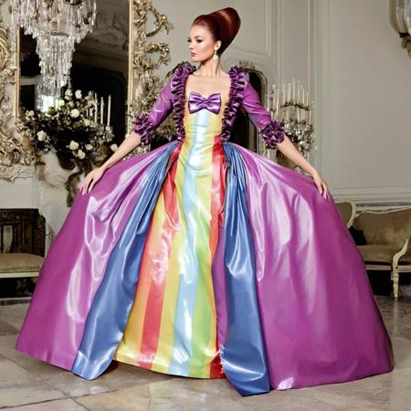 (photo-realistic high resolution, Focus full body, 1 young woman, georgian gown in latex that is (((rainbow_multicolor glossy very_shiny))) ((((90% transparent)))):1.6), 
(looking at viewer, ((((full-length image (((front facing))), from a great distance)))):1.4), 
perfect proportions, very long bold mahogany reddish hair in an extremely high ponytail, wide open hazel eyes,  sharp focus, realistic skin, slim, tall, very high heels