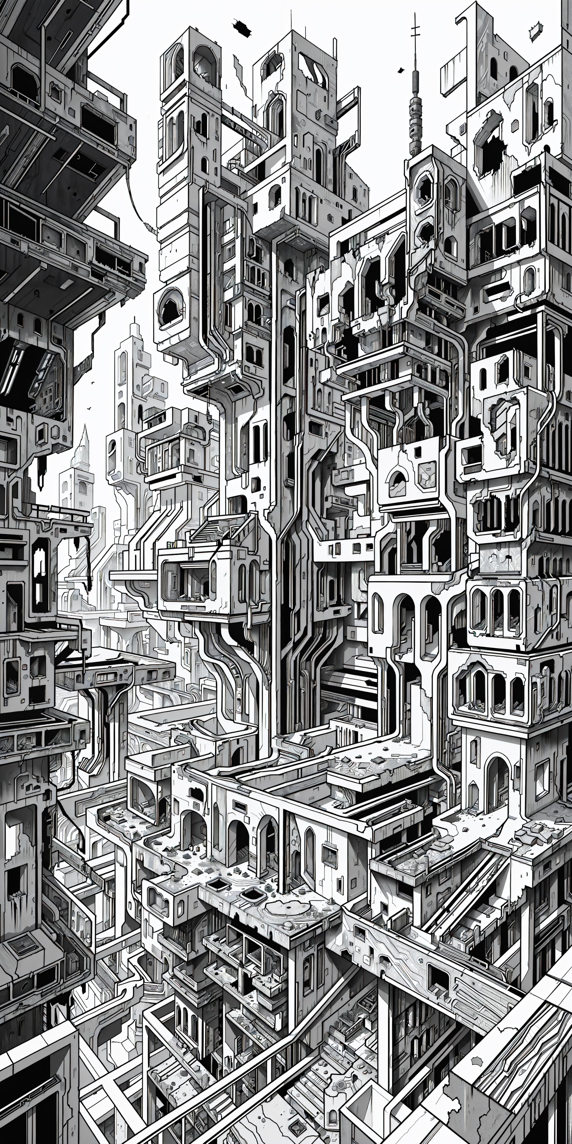 A black and white drawing of a large, futuristic city with tall buildings and a maze of interconnected structures.