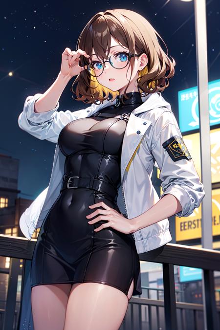 masterpiece, best quality, short hair, curly hair, brown hair, yellow highlights, blue eyes, glasses, cropped white jacket, hand on hip, outdoors, night, medium breasts,