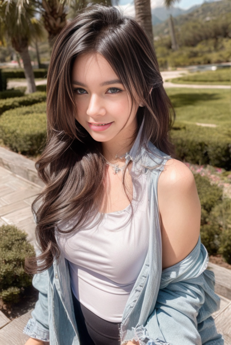 , (8k, RAW photo, best quality, masterpiece:1.2), (realistic, photo-realistic:1.37), ultra-detailed,(detailed beautiful girl:1.4), 
smile, face,slender body, ancient chinese style garden,
, medium breasts, , wavy hair,  detailed skin texture, detailed cloth texture, beautiful detailed face,
<lora:add_detail:1> <lora:JocelineS:1>