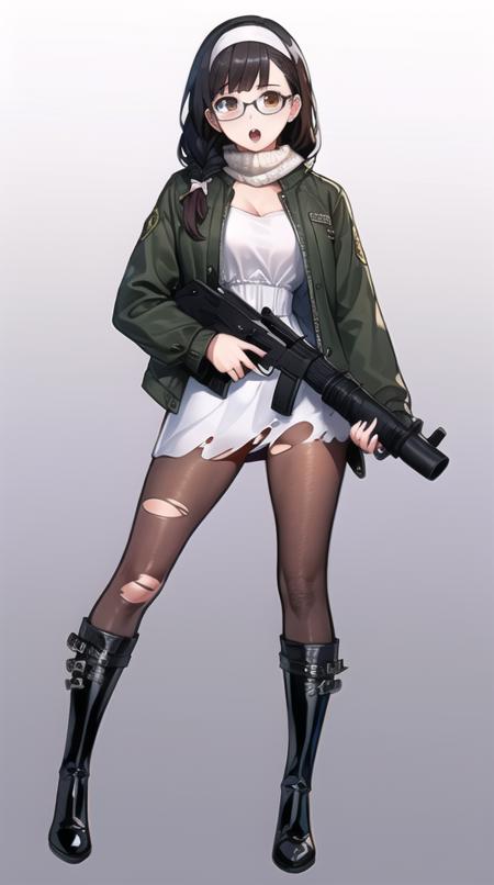 (best quality), ((masterpiece)), (highres), illustration, original, extremely detailed, <lora:2CY_YJ-000008:0.8>zlqs, 1girl, solo, weapon, pantyhose, boots, gun, glasses, jacket, torn clothes, white background, black footwear, twin braids, torn pantyhose, simple background, dress, full body, brown pantyhose, braid, hairband, black-framed eyewear, holding weapon, green jacket, open mouth, black hair, holding, white dress, gloves, long hair, holding gun, handgun, brown eyes, looking at viewer, jewelry, knee boots, breasts, bangs, long sleeves, torn dress, scarf, fingerless gloves, open clothes, open jacket, belt