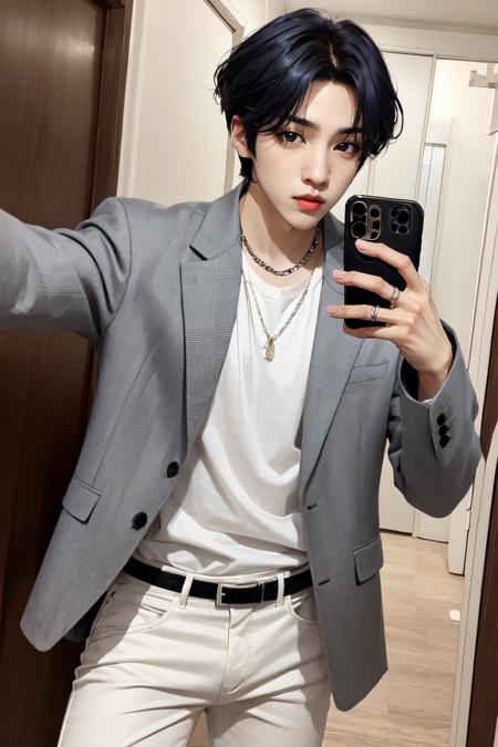 ((1man)), man, wooseok, solo, short hair, black hair, long sleeves, holding phone, jacket, white shirt, male focus, black pants, grey jacket, door, selfie, realistic, hyper detail, hyper realistic, Portrait, Long shot, portrait photo, hyper realistic, <lora:Wooseok:0.9>