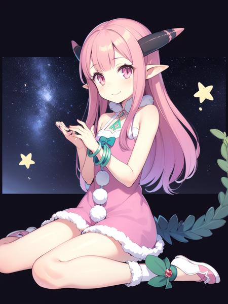 <lora:milleaf:0.9> milleaf, 1girl, solo, pink hair, long hair, horns, tail, pointy ears, pink eyes, smile,   jewelry,  bracelet, own hands together,
Christmas, SantaClaus,  knight, starry sky, sitting,