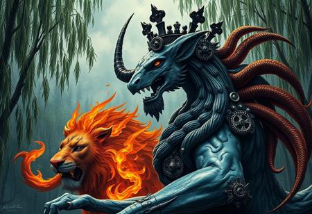 "Create an ultramarine and black centered, highly detailed, golden ratio composition. Feature a zentaur in a regal pose with a prince crown of black gears. Incorporate a fire lion and a forest of willow trees. This should be a full body portrait with intricate details, aiming for a lifelike result. Draw inspiration from artists like Tooth Wu, wlop, and beeple, and consider a character concept art or film still approach."