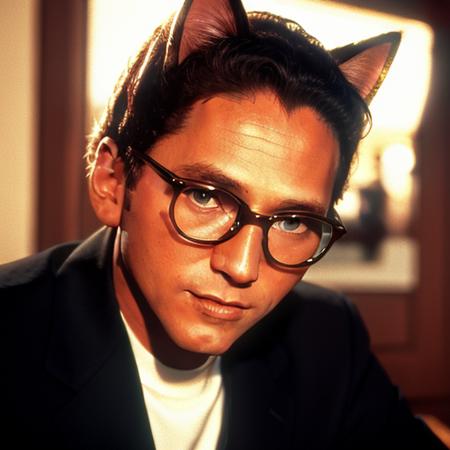 t0ml3h3r wearing glasses and cat ears, color photo, cinematic, film grain <lora:LehrerYay:1>