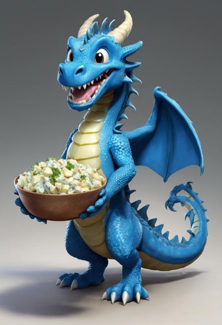 A kind dragon, blue dragon,  FULL BODY, CARTOON LOOK, LOOKING happy, holding a bowl of potato salad
