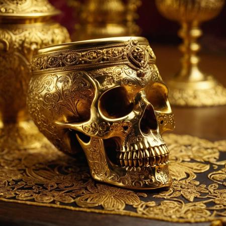 cinematic still Imagine a skull-shaped cup adorned with intricate golden embellishments, Crafted from gleaming gold, ornate engravings cover its surface . emotional, harmonious, vignette, 4k epic detailed, shot on kodak, 35mm photo, sharp focus, high budget, cinemascope, moody, epic, gorgeous, film grain, grainy, Imagine a skull-shaped cup adorned with intricate golden embellishments, Crafted from gleaming gold, ornate engravings cover its surface, glossy vibrant colors, romantic, elegant, luxurious, delicate, decorative, dramatic professional color, illuminated background, beautiful, magic, mystical, sharp focus, clear, artistic, cute, creative, positive, charming, engaging, attractive