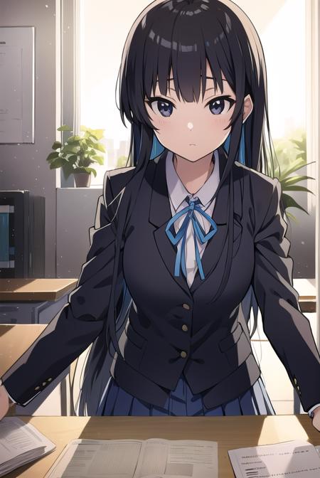 mioakiyama, <lyco:mioakiyama-LYCORIStest:1>,
mio akiyama, (black eyes:1.5), black hair, long hair,
BREAK sakuragaoka high school uniform, school uniform, uniform,
BREAK looking at viewer,
BREAK indoors, classroom,
BREAK <lora:GoodHands-vanilla:1>, (masterpiece:1.2), best quality, high resolution, unity 8k wallpaper, (illustration:0.8), (beautiful detailed eyes:1.6), extremely detailed face, perfect lighting, extremely detailed CG, (perfect hands, perfect anatomy),