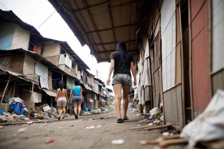 extremely detailed, 1 girl, asian, small breasts, t-shirt, shorts, flip-flops, slumparea, walking, asian people in background, from front, pov male hand holding cash
