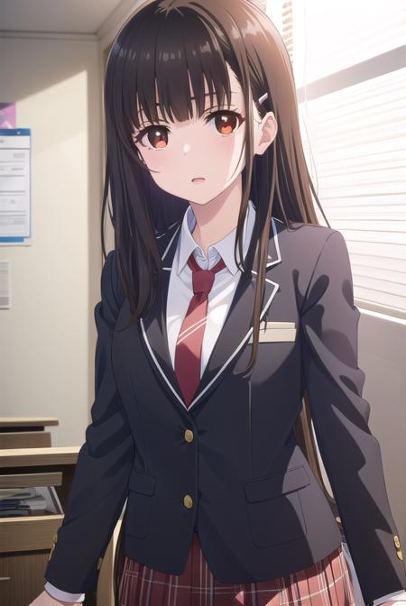 yumeirido, <lora:yume irido s1-lora-nochekaiser:1>,
yume irido, long hair, bangs, (black hair:1.5), hair ornament, (brown eyes:1.5), hairclip,
BREAK shirt, school uniform, jacket, white shirt, necktie, collared shirt, blazer, red necktie, red skirt, skirt,
BREAK indoors, classroom,
BREAK looking at viewer, (cowboy shot:1.5),
BREAK <lyco:GoodHands-beta2:1>, (masterpiece:1.2), best quality, high resolution, unity 8k wallpaper, (illustration:0.8), (beautiful detailed eyes:1.6), extremely detailed face, perfect lighting, extremely detailed CG, (perfect hands, perfect anatomy),