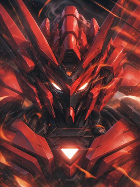 best aesthetic, lolsplashart,nijimecha,solo,looking at viewer,glowing,v-fin,glowing eyes,portrait,close-up,upper body,embers,super robot,glowing eye,horns,head tilt,from above,smoke,red theme,symmetrical compositions