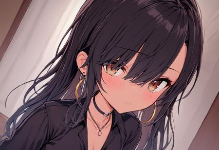 rating: general,  <lora:Chika_Chosokabe_from_LiL:1>, chika, jewelry, earrings, solo, black hair, looking at viewer, necklace, 1girl, choker, hoop earrings, shirt, upper body, hair over one eye, breasts, black shirt, bangs, closed mouth, small breasts, black choker, masterpiece, best quality