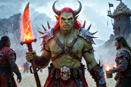 bioluminescent, an orc warlord with green skin, wearing spiked armor with a cape, holding a massive sword, solo, from the Darkridge Clan, with dark gray armor and ridge-like tattoos, an orc shaman hut with bone decorations, herbal bundles, a fire pit, detailed background, guarding a gate, holding a spear, angry, clenched jaw, action focus, medium shot, a training session with orcs sparring, wooden weapons clashing, dust rising, a wooden tankard, nearby, on a sandy dune, shifting sand, misty, light fog, damp air, soft light, midnight, dark starry sky, moonlight, cool stillness, best quality, vibrant colors, realistic style, high detail, high-definition, hyper-realistic, extremely high-resolution details, fine texture, incredibly lifelike, realistic, not cartoon, not drawing, highres, 4K resolution, source photo, realistic photo, masterpiece, best quality, amazing quality, very aesthetic, ultra-detailed, detailed textures, natural lighting, soft light, volcanic red tones, deep reds and blacks, lava glow, fiery red glow, wide shot, <lora:Mystic_Lumina_r1-000007:0.9>