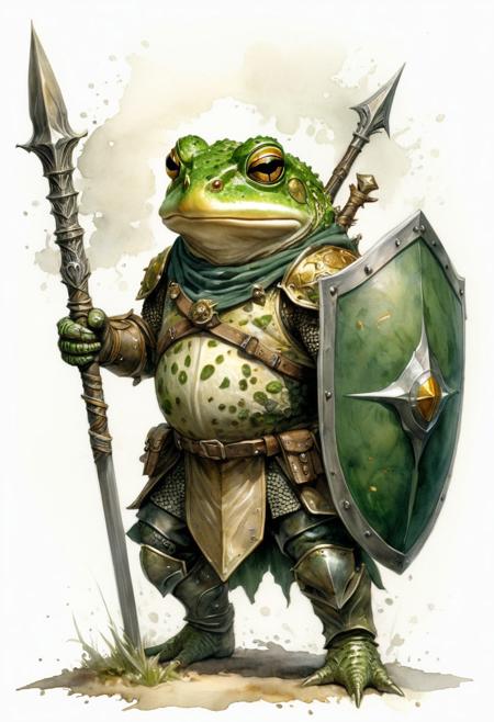 toad fantasy warrior, green toad, toad in armor, mace and shield, morningstar,  tower shield armed with spear, magical toad, line art, watercolor wash, simple background, white background, stand, approaching perfection, pure form, golden ratio, minimalistic, concept art by Brian Froud and Carne Griffiths, intricate details, 8k post production, high resolution, hyperdetailed, trending on artstation, sharp focus, studio photo, intricate details, highly detailed, by greg rutkowski<lora:xl_more_art-full_v1:0.5>
dungeon and dragon, fantasy, detailed_eye_model
unfinished,