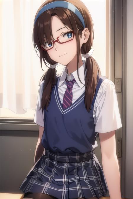 marimakinami, <lora:mari makinami rebuild-lora-nochekaiser:1>,
mari makinami, long hair, brown hair, twintails, (low twintails:1.5), hairband, blue hairband, blue eyes, (parted bangs:1.5), smile,
BREAK skirt, thighhighs, school uniform, pantyhose, necktie, plaid, plaid skirt, shirt, white shirt, collared shirt, short sleeves,  glasses, opaque glasses,
BREAK indoors, classroom,
BREAK looking at viewer, (cowboy shot:1.5),
BREAK <lyco:GoodHands-beta2:1>, (masterpiece:1.2), best quality, high resolution, unity 8k wallpaper, (illustration:0.8), (beautiful detailed eyes:1.6), extremely detailed face, perfect lighting, extremely detailed CG, (perfect hands, perfect anatomy),