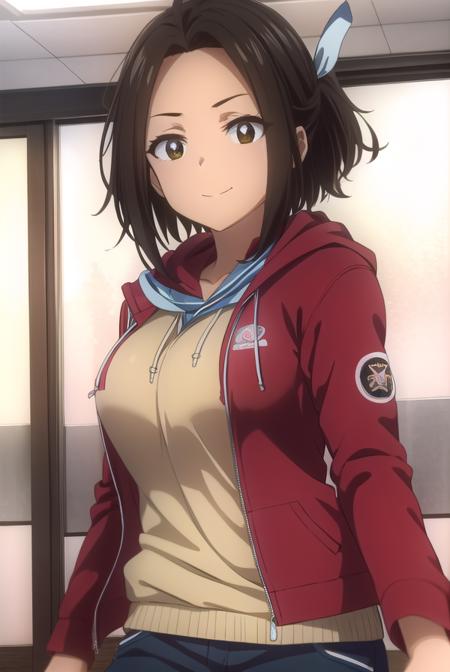 hikarihazakura, <lora:hikari hazakura s1-lora-nochekaiser:1>,
hikari hazakura, black hair, (brown eyes:1.3), hair ribbon, dark skin, dark-skinned female, smile,
BREAK jacket, pants, hood, hoodie, (red jacket:1.3),
BREAK indoors, classroom,
BREAK looking at viewer, (cowboy shot:1.5),
BREAK <lyco:GoodHands-beta2:1>, (masterpiece:1.2), best quality, high resolution, unity 8k wallpaper, (illustration:0.8), (beautiful detailed eyes:1.6), extremely detailed face, perfect lighting, extremely detailed CG, (perfect hands, perfect anatomy),