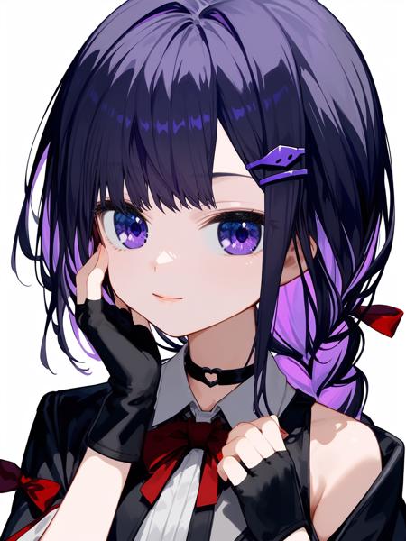 miki zf,fingerless gloves,thighhighs,black hair,purple eyes,red bow,shirt,shoes,black choker,looking at viewer,long hair,braid,jacket,high-waist skirt,hair ribbon,purple hair,shoulder bag,colored inner hair,loafers,portrait,hand on own chin,