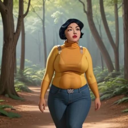 ((masterpiece, best quality)), 1girl,solo, medium shot, alex, short hair, black hair, brown eyes, dark skin, tan, lipstick,turtleneck, jeans,   <lora:AlexTotallySpies2v2:0.6>, retro artstyle, forest, standing,
BREAK, (obese), ssbbw, rotund, fat, large belly, exposed belly, belly overhang, double belly, fat arms, fat thighs, chubby cheeks, double chin, fat neck,