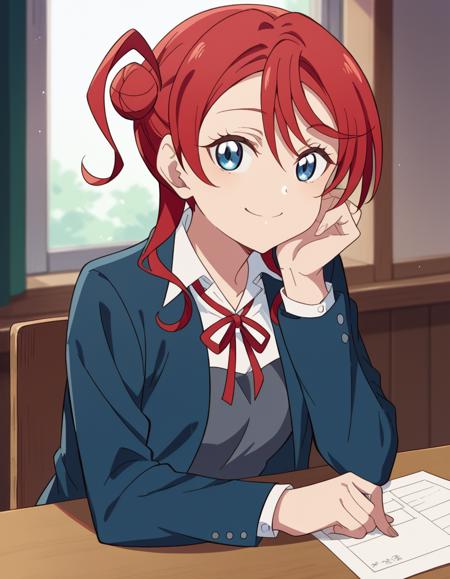 <lora:mei-yoneme-s2-ponyxl-lora-nochekaiser:1>, mei yoneme, bangs, blue eyes, hair between eyes, red hair, hair bun, single hair bun, single side bun, shirt, dress, ribbon, school uniform, jacket, white shirt, open clothes, collared shirt, open jacket, red ribbon, neck ribbon, blue jacket, pinafore dress, grey dress, yuigaoka school uniform,