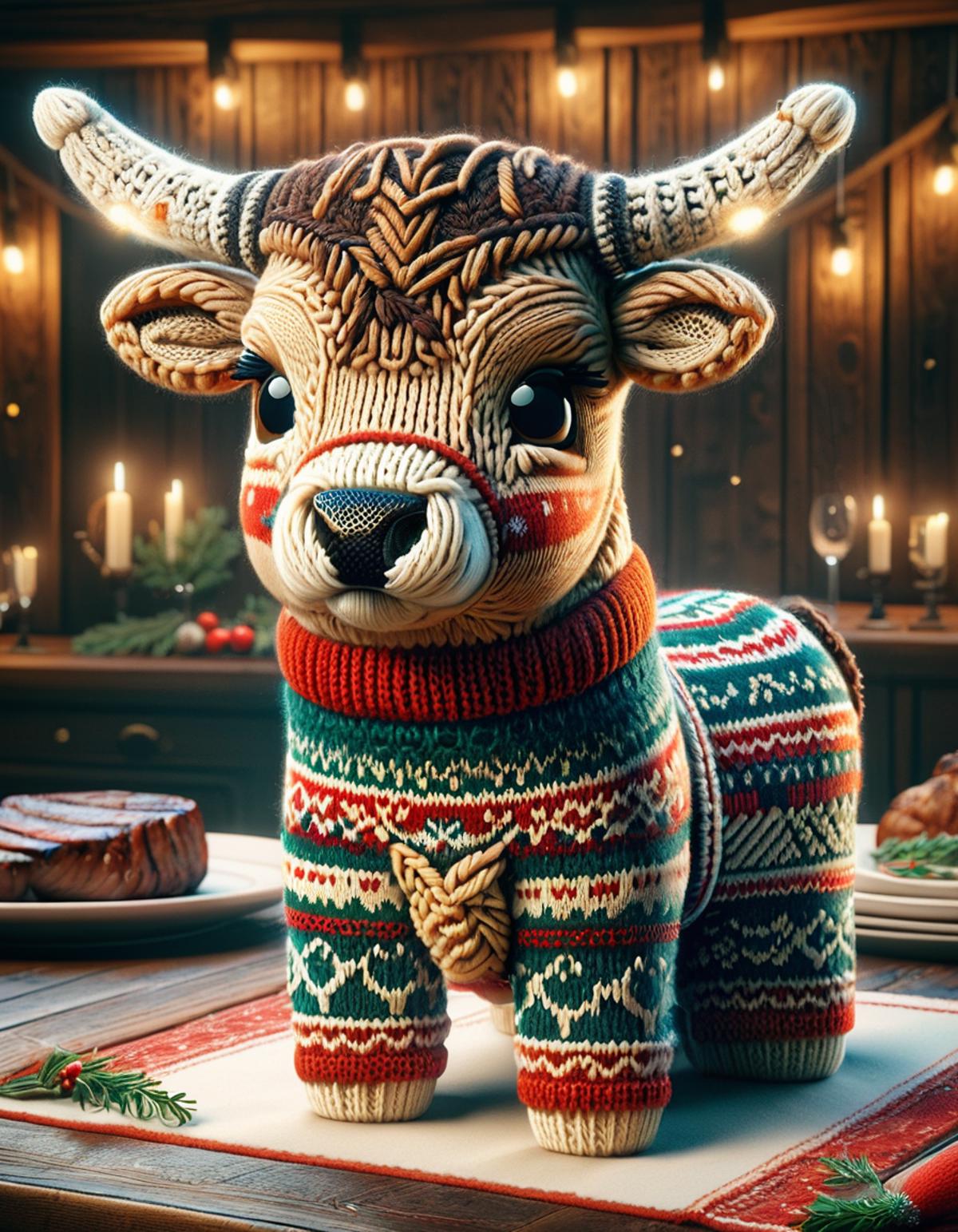 A Christmas-themed stuffed animal with a sweater and scarf.