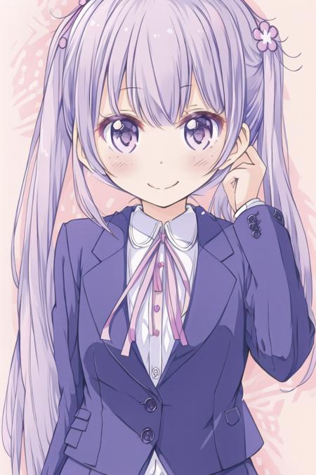 Suzukaze_Aoba purple_eyes,hair_flower, hair_ornament,twintail_hair, purple_hair, short_hair pink_neck_ribbon,jacket,pencil_skirt,white_legwear,loafer