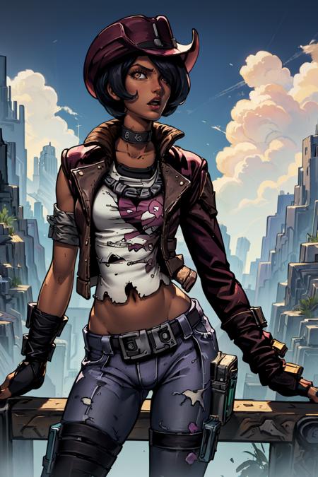 (masterpiece, best quality:1.2),  <lora:nisha_(borderlands):.9>, nisha_(borderlands), 1girl, solo, hat, denim, pants, jeans, black nails, midriff, short hair, lipstick, belt, jacket, black hair, torn clothes, dark skin, navel, makeup, hair over one eye, fingerless gloves, nail polish, gloves, dark-skinned female, collar, leather, purple lips, bracelet, leather jacket, lips, cowboy hat, breasts, large breasts,  jewelry, thigh strap, choker, spikes, outdoors, day, sky, lamppost, cloud, open mouth, dutch angle, looking at viewer, blue sky, railing, building, :o