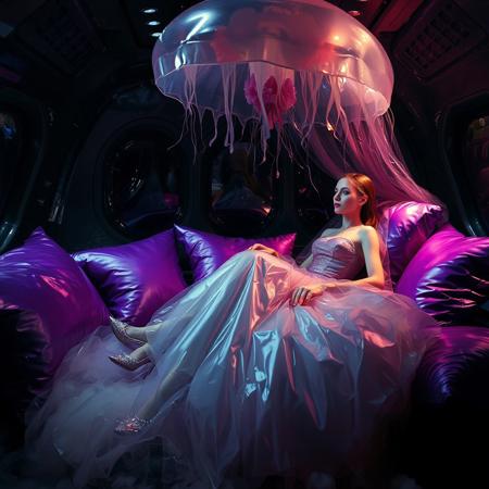A poised and elegant slender lady, reclinet at giant glossy black foil pillow locked  in a sleek, floor-length transparent liquid slime  weird ball gown, full skirt made of a  giant glossy transparent jellyfish, complete with crystal-encrusted high heels, transparent slime cloak, is situated within a spaceship boudoir cabin, surrounded by weird foil purple pillows, fog from the floor, giant jelly clamshell canopy, horror, space, aliens, slime curtains, encased, entrapped Cinematic film still, shot on v-raptor XL, film grain, vignette, color graded, post-processed, cinematic lighting, 35mm film, live-action, best quality, atmospheric, a masterpiece, epic, stunning, dramatic