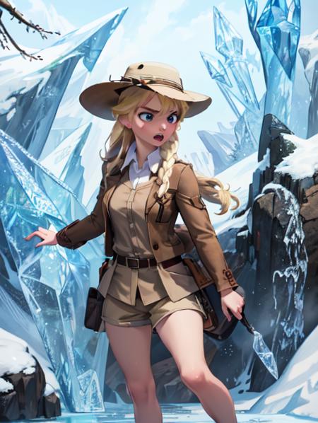 best quality, masterpiece, highres, detailed, perfect anatomy,  <lora:Detail - add_detail:0.2>,  brown jacket, white dress shirt, brown shorts, brown hat, JungleExpCh, jungle, <lyco:Change - JungleExp:0.8>, 1girl, elsa, ice magic, blue eyes, blonde hair, angry, <lora:Character - Elsa-04:0.7>