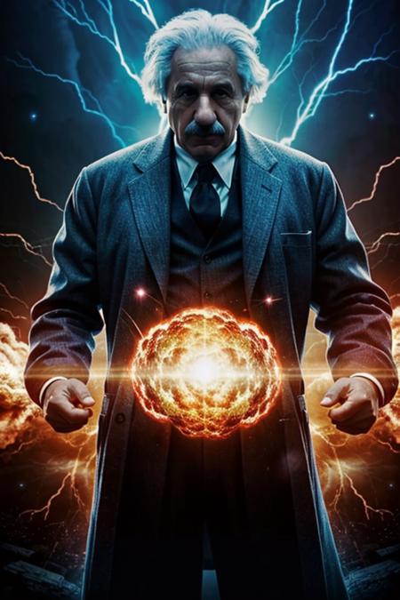 a upper body shot photo of 1man surrounded by orange explode,Einstein,white coat,silhouette,cutout,open arms,nuclear explosion,blurry background,<lora:Oppenheimer>,